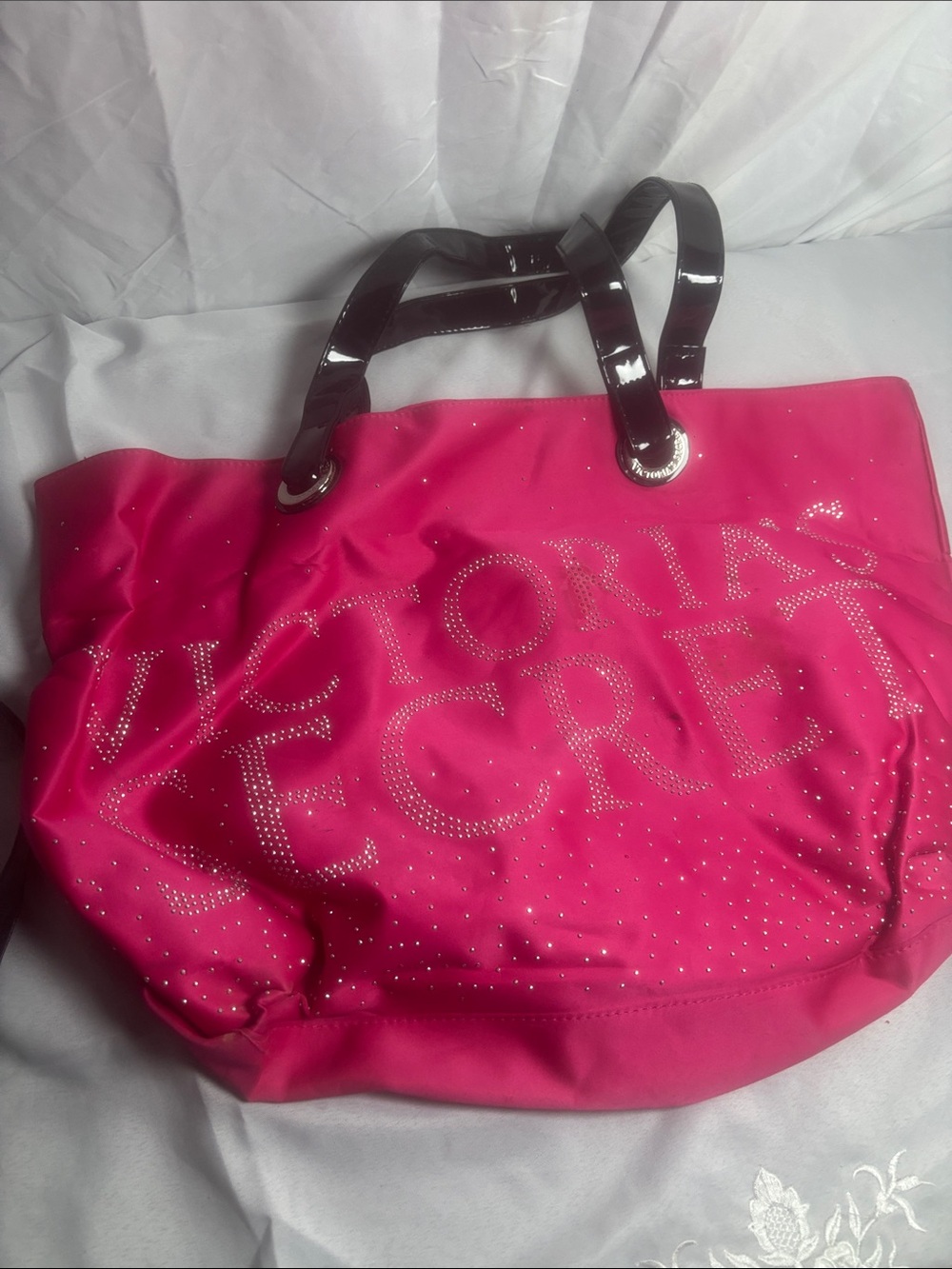 Victoria's Secret Hot Pink Tote with Black Patent Handles